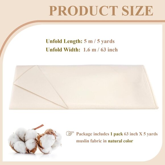 100% Cotton Muslin Fabric, 63 Inch X 5 Yards Unbleached Muslin Linen Fabric by T - Picture 2 of 7